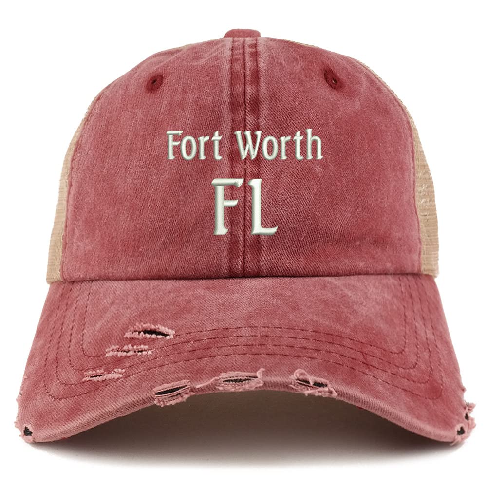 Trendy Apparel Shop Fort Worth FL Embroidered Frayed Bill Trucker Mesh Back Cap