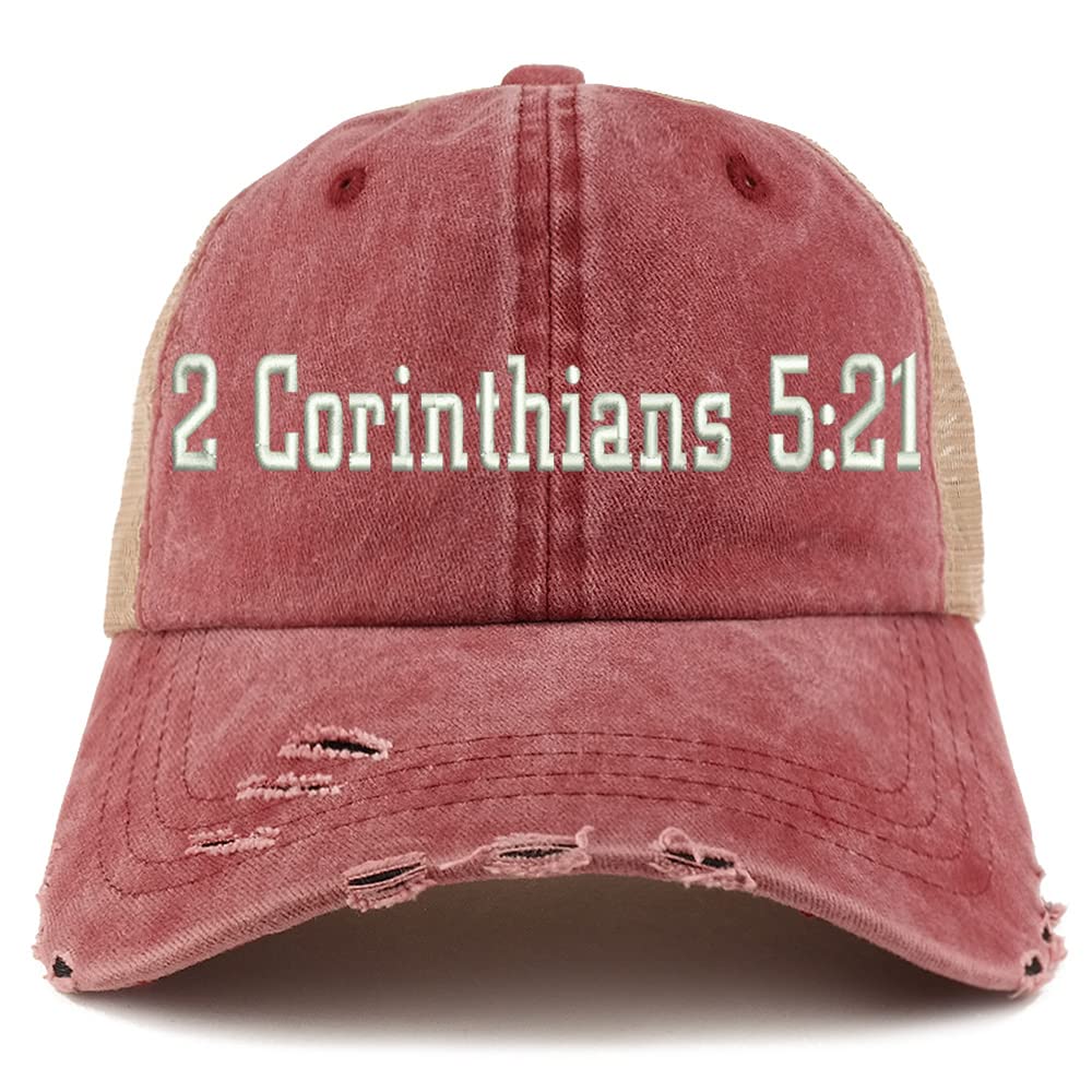 Trendy Apparel Shop 2 Corinthians 5:21 Frayed Bill Trucker Mesh Back Cap