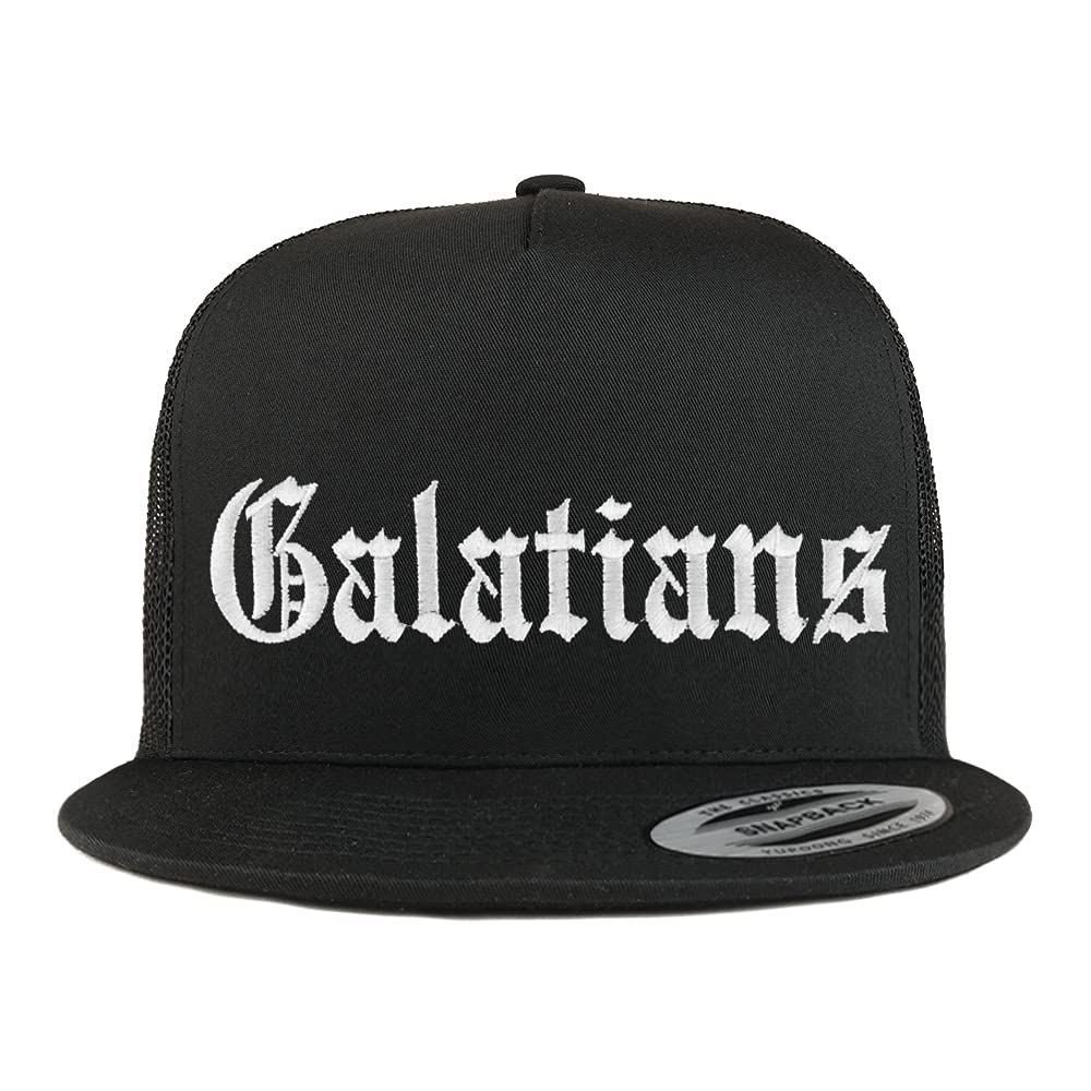 Trendy Apparel Shop Galatians Old English 5 Panel Flatbill Trucker Cap