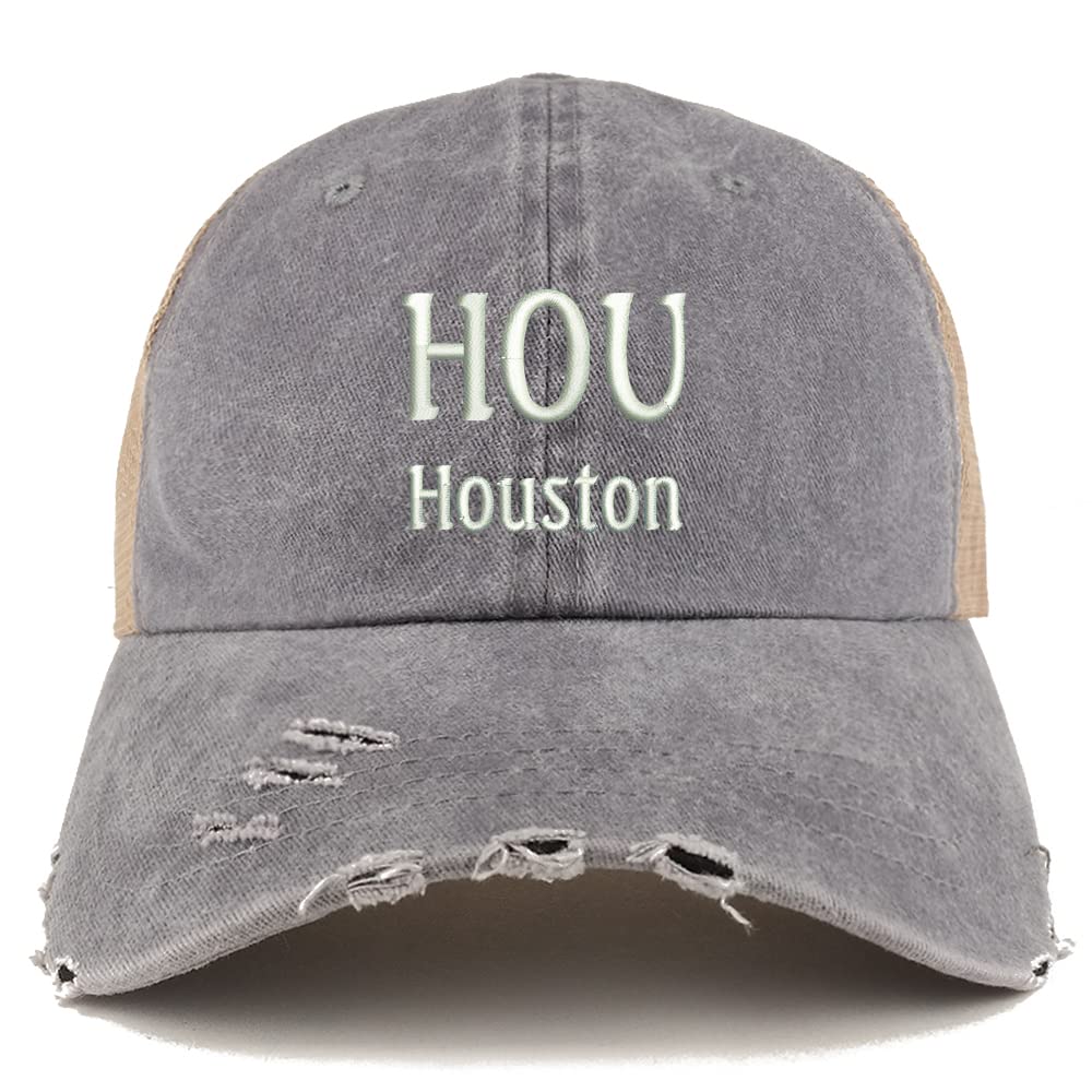 Trendy Apparel Shop HOU Houston Embroidered Frayed Bill Trucker Mesh Back Cap