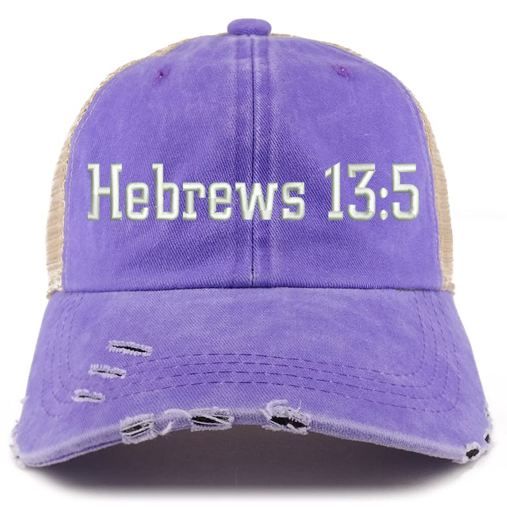 Trendy Apparel Shop Hebrews 13:5 Frayed Bill Trucker Mesh Back Cap