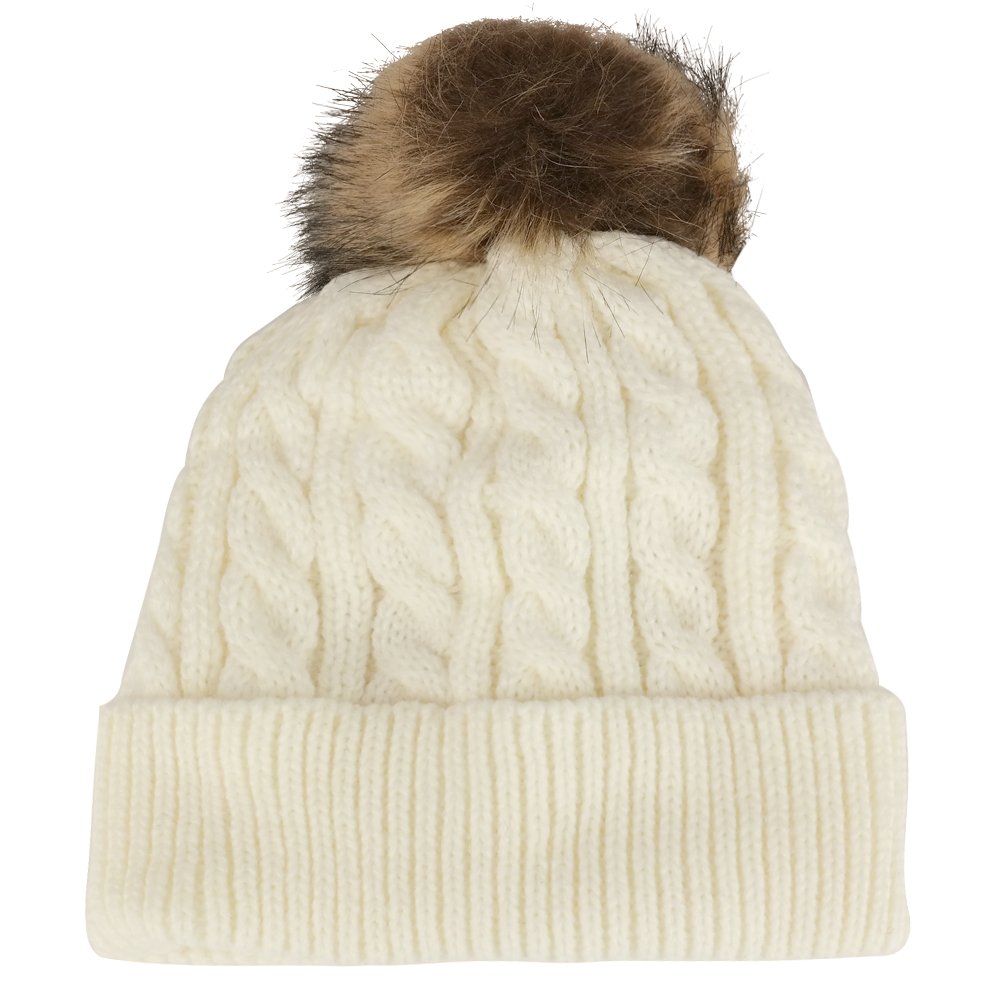 Trendy Apparel Shop Kid's Cable Knit Cuffed Up Fur Pom Winter Beanie