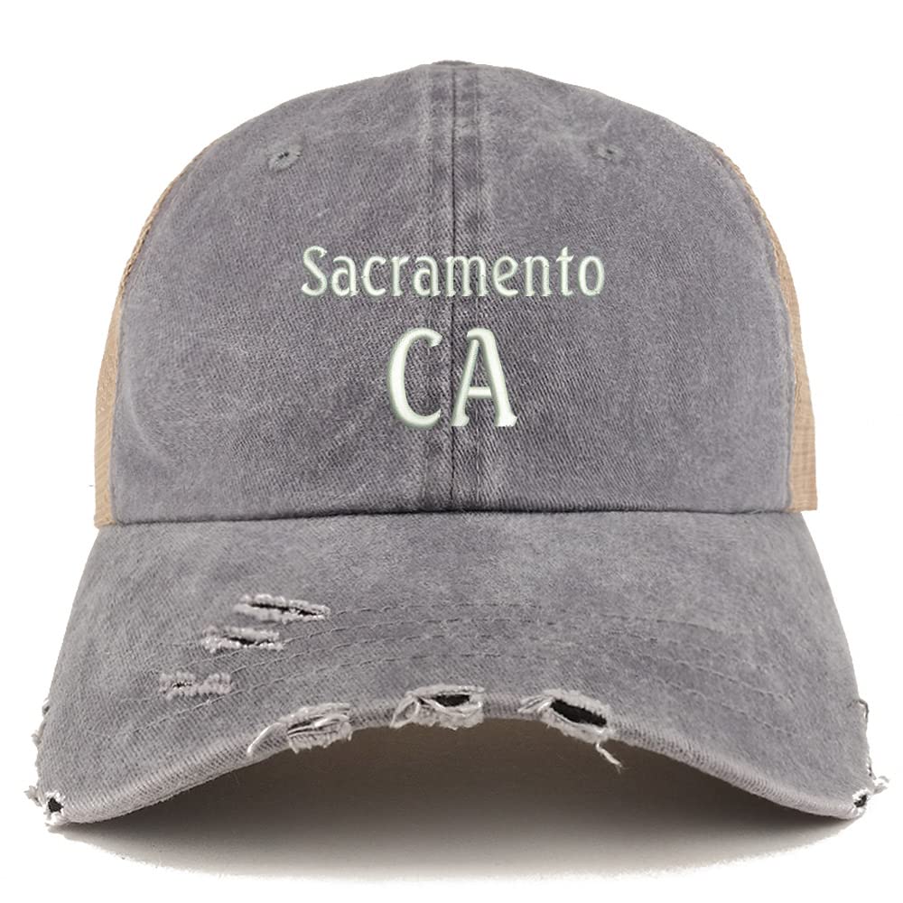 Trendy Apparel Shop Sacramento CA Embroidered Frayed Bill Trucker Mesh Back Cap