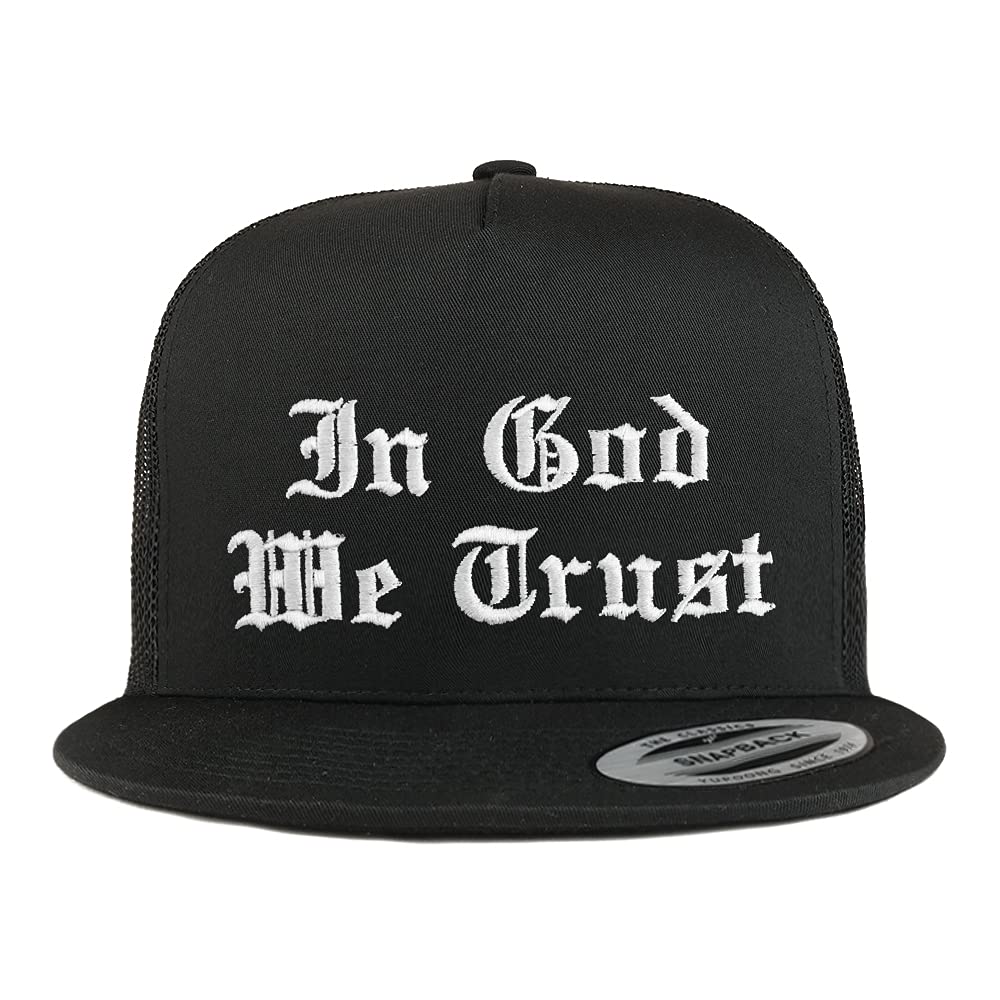 Trendy Apparel Shop in God We Trust Old English 5 Panel Flatbill Trucker Cap