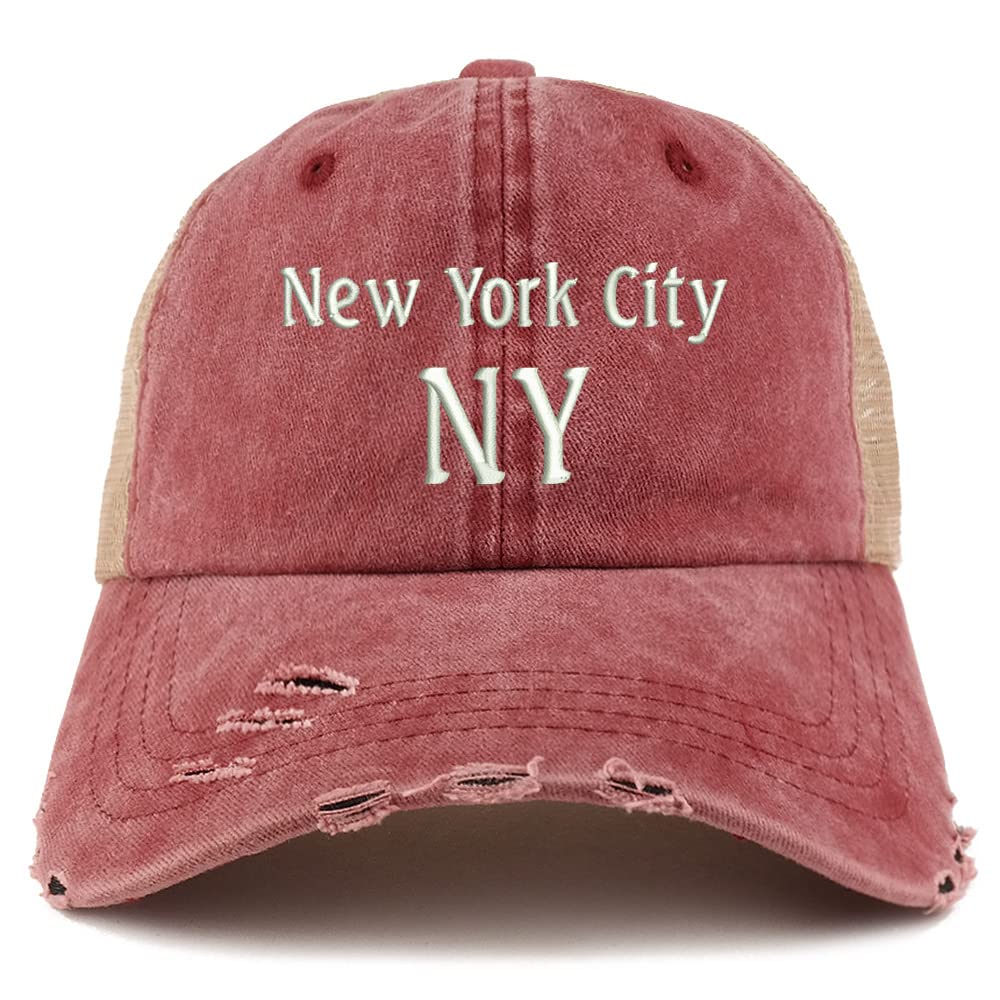 Trendy Apparel Shop New York City NY Embroidered Frayed Bill Trucker Mesh Back Cap