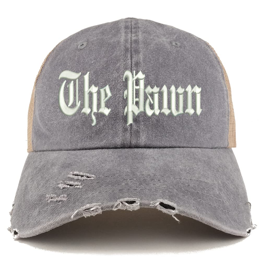 Trendy Apparel Shop The Pawn Old English Embroidered Frayed Bill Trucker Mesh Back Cap