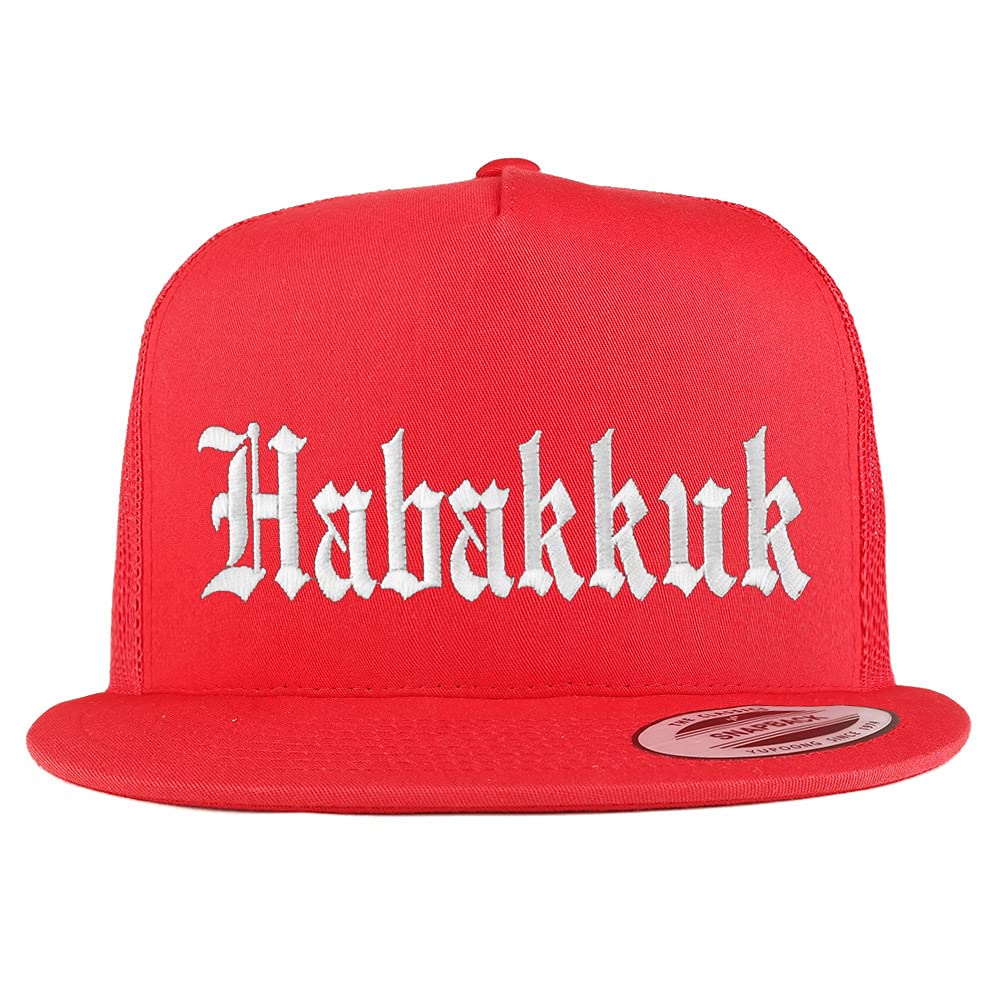 Trendy Apparel Shop Habakkuk Old English 5 Panel Flatbill Trucker Cap