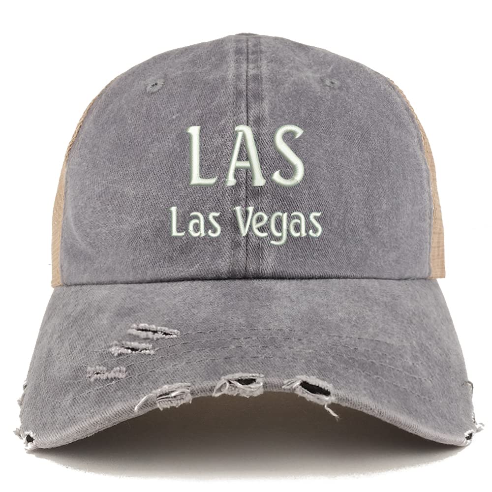 Trendy Apparel Shop LAS Las Vegas Embroidered Frayed Bill Trucker Mesh Back Cap