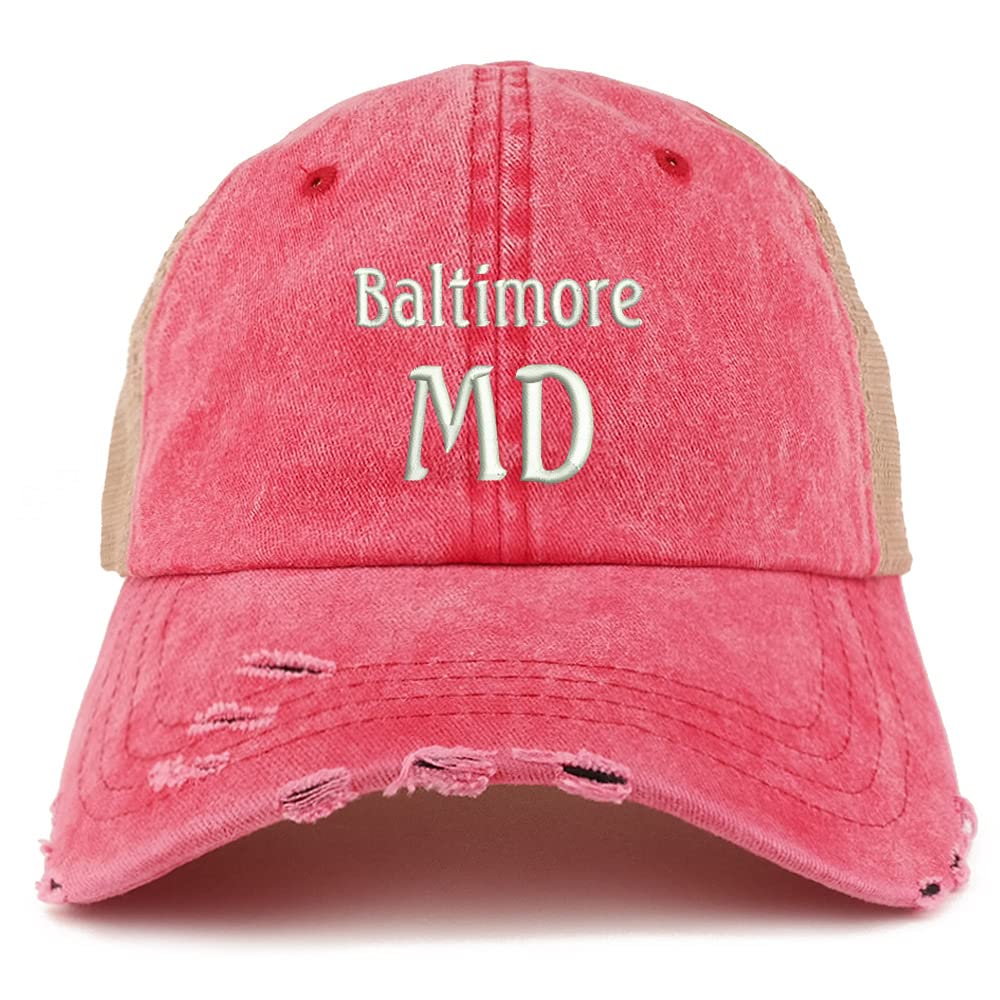 Trendy Apparel Shop Baltimore MD Embroidered Frayed Bill Trucker Mesh Back Cap