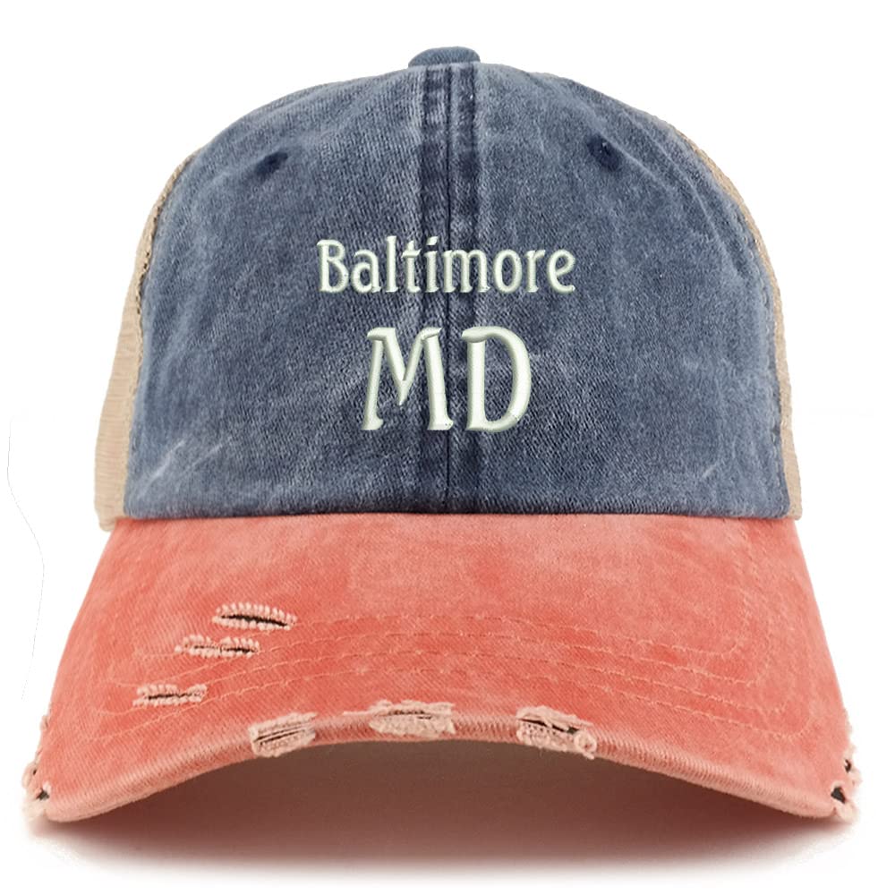 Trendy Apparel Shop Baltimore MD Embroidered Frayed Bill Trucker Mesh Back Cap