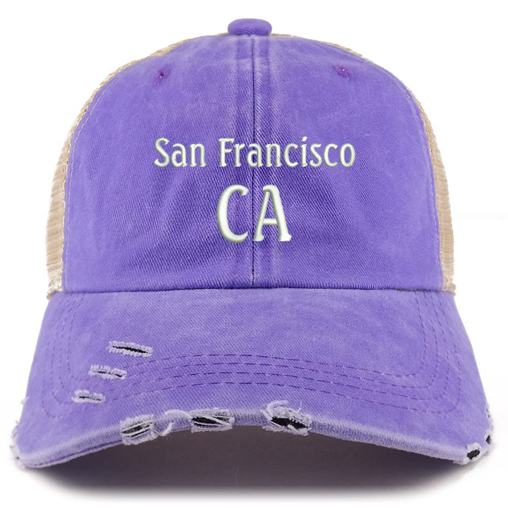 Trendy Apparel Shop San Francisco CA Embroidered Frayed Bill Trucker Mesh Back Cap