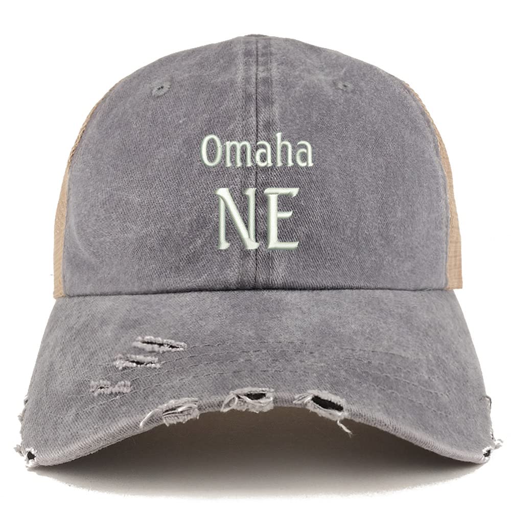 Trendy Apparel Shop Omaha NE Embroidered Frayed Bill Trucker Mesh Back Cap