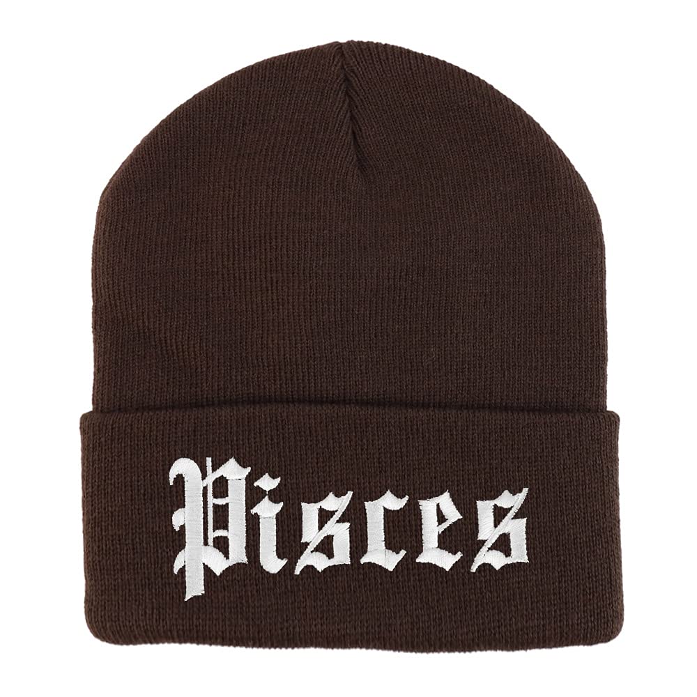 Trendy Apparel Shop Pisces Old English Embroidered Long Cuff Beanie
