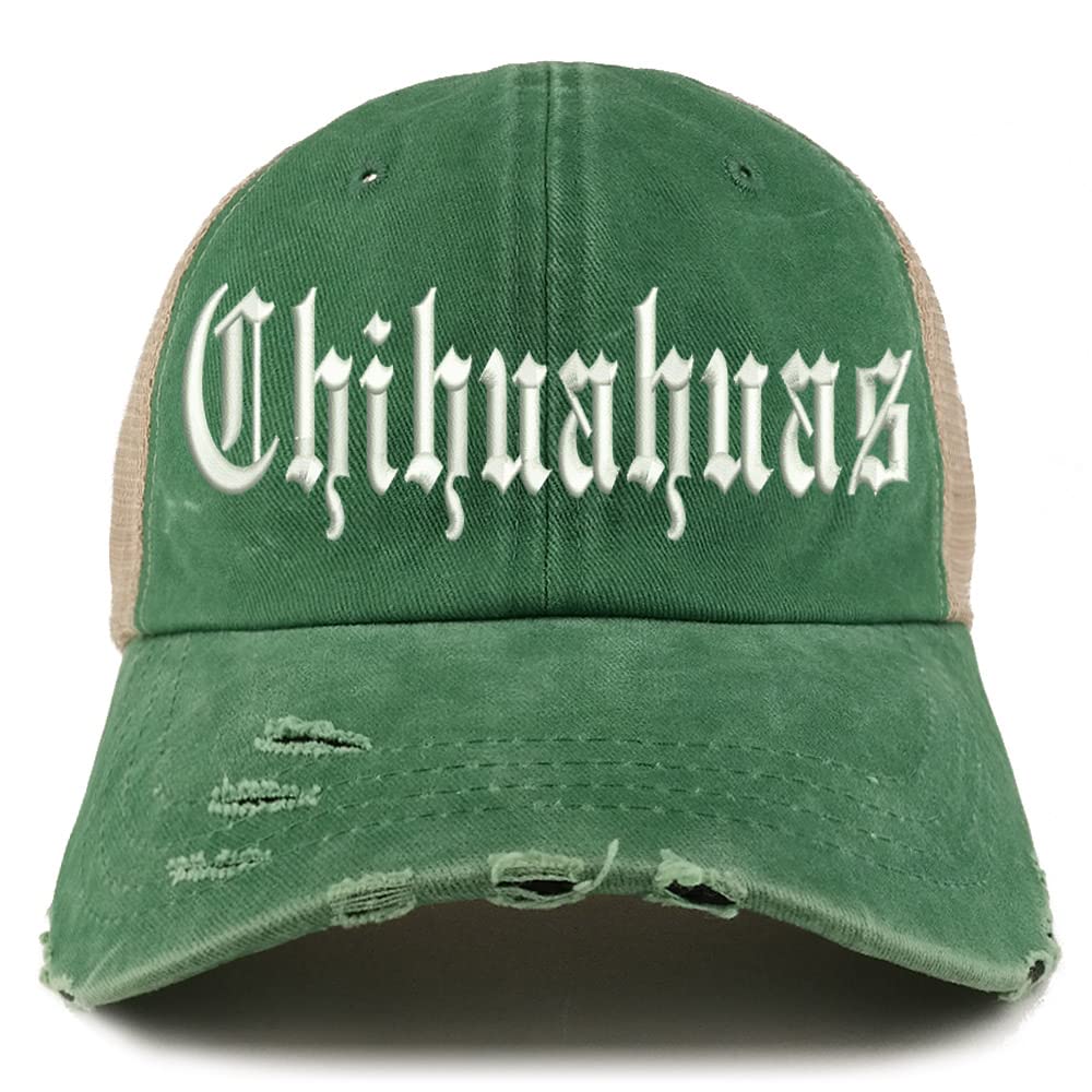 Trendy Apparel Shop Old English Chihuahuas Frayed Bill Trucker Mesh Back Cap