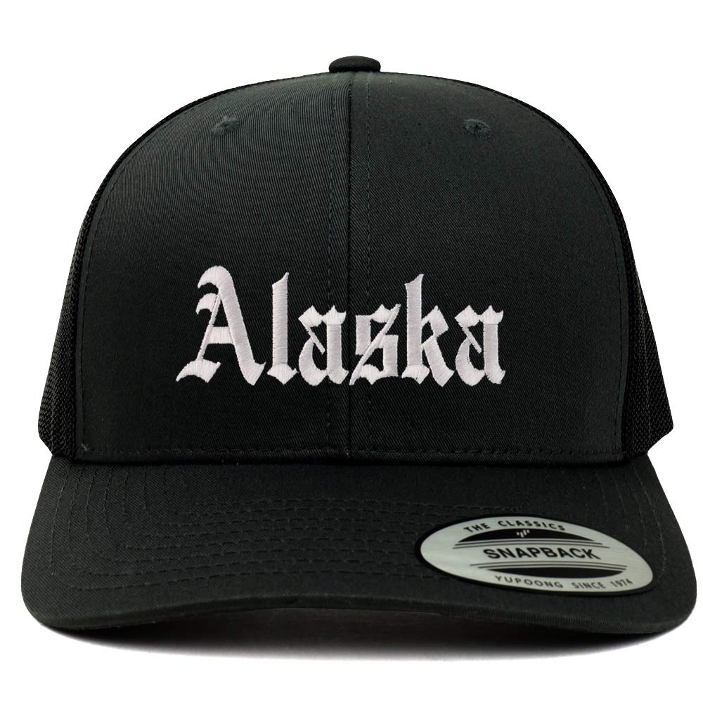 Trendy Apparel Shop Alaska State Old English 6 Panel Trucker Mesh Cap