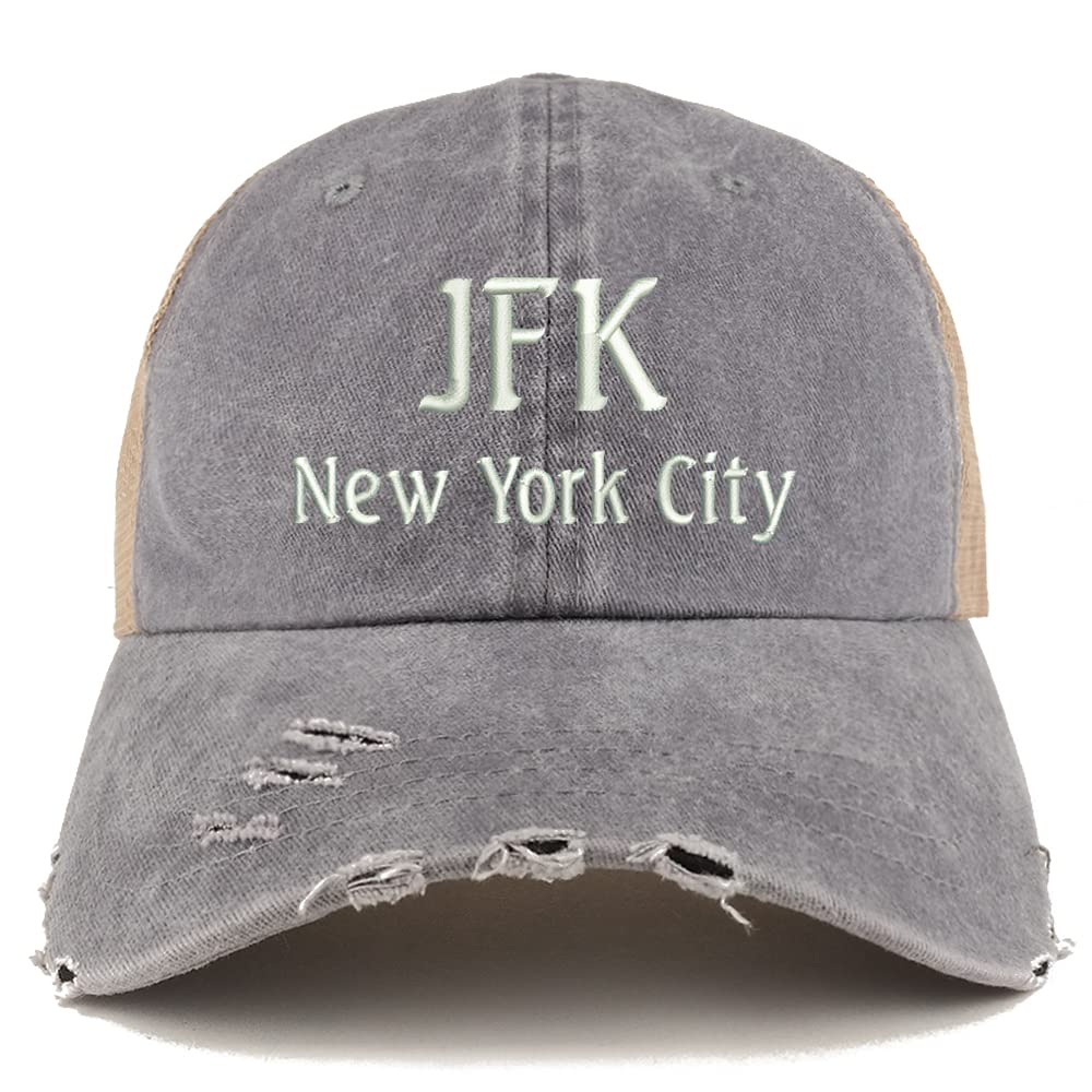 Trendy Apparel Shop JFK New York City Embroidered Frayed Bill Trucker Mesh Back Cap