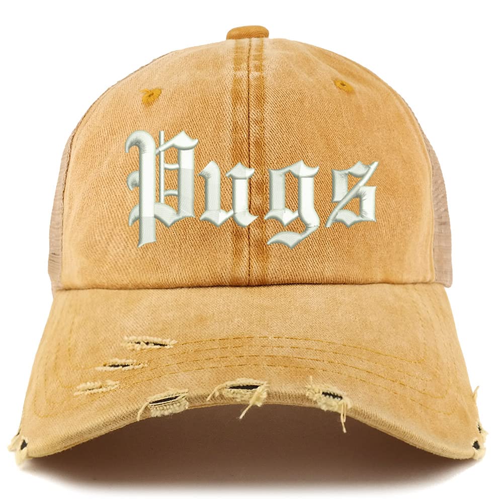 Trendy Apparel Shop Old English Pugs Frayed Bill Trucker Mesh Back Cap