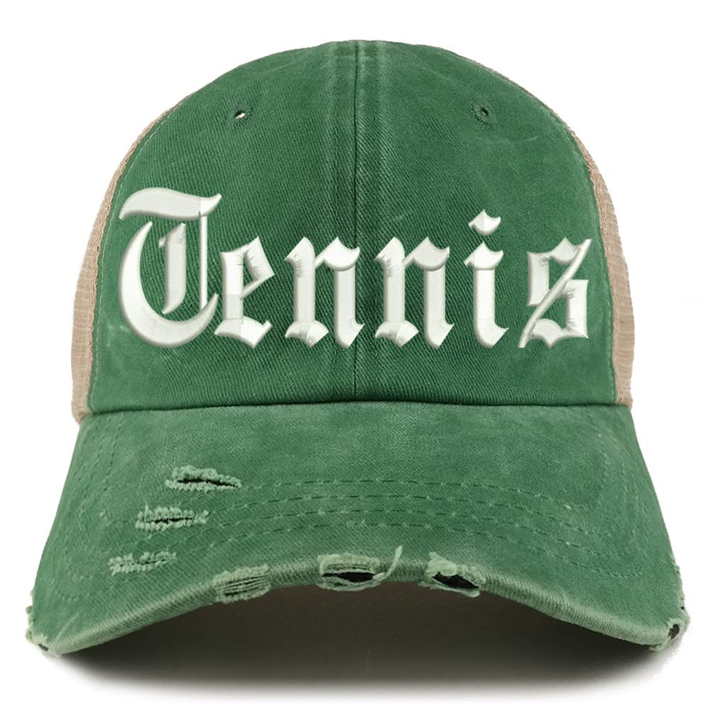Trendy Apparel Shop Old English Tennis Frayed Bill Trucker Mesh Back Cap