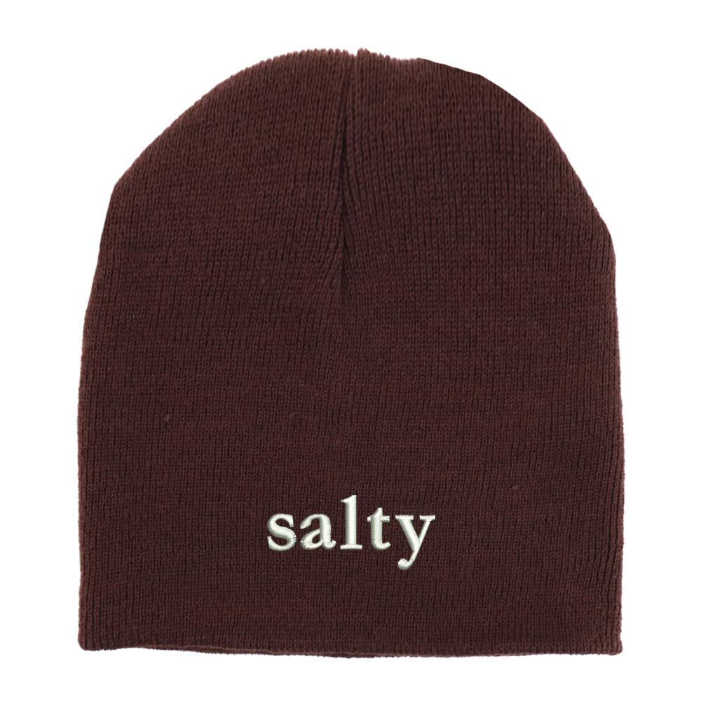 Trendy Apparel Shop Salty Embroidered Made in USA Short Acrylic Knit Winter Beanie Hat