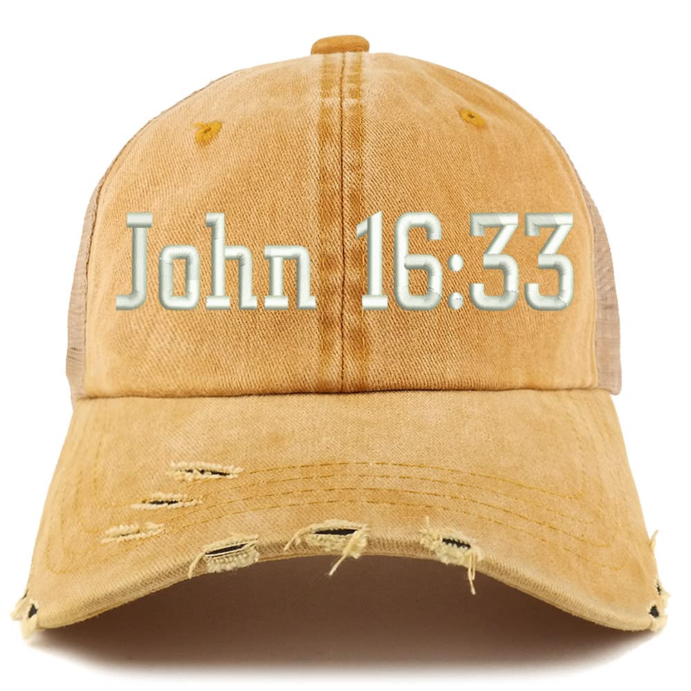 Trendy Apparel Shop John 16:33 Frayed Bill Trucker Mesh Back Cap