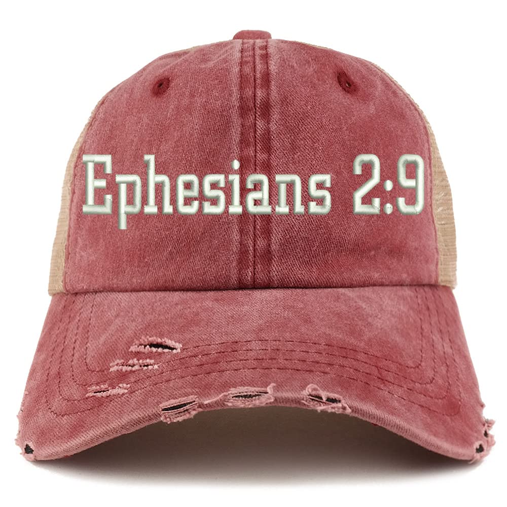 Trendy Apparel Shop Ephesians 2:9 Frayed Bill Trucker Mesh Back Cap