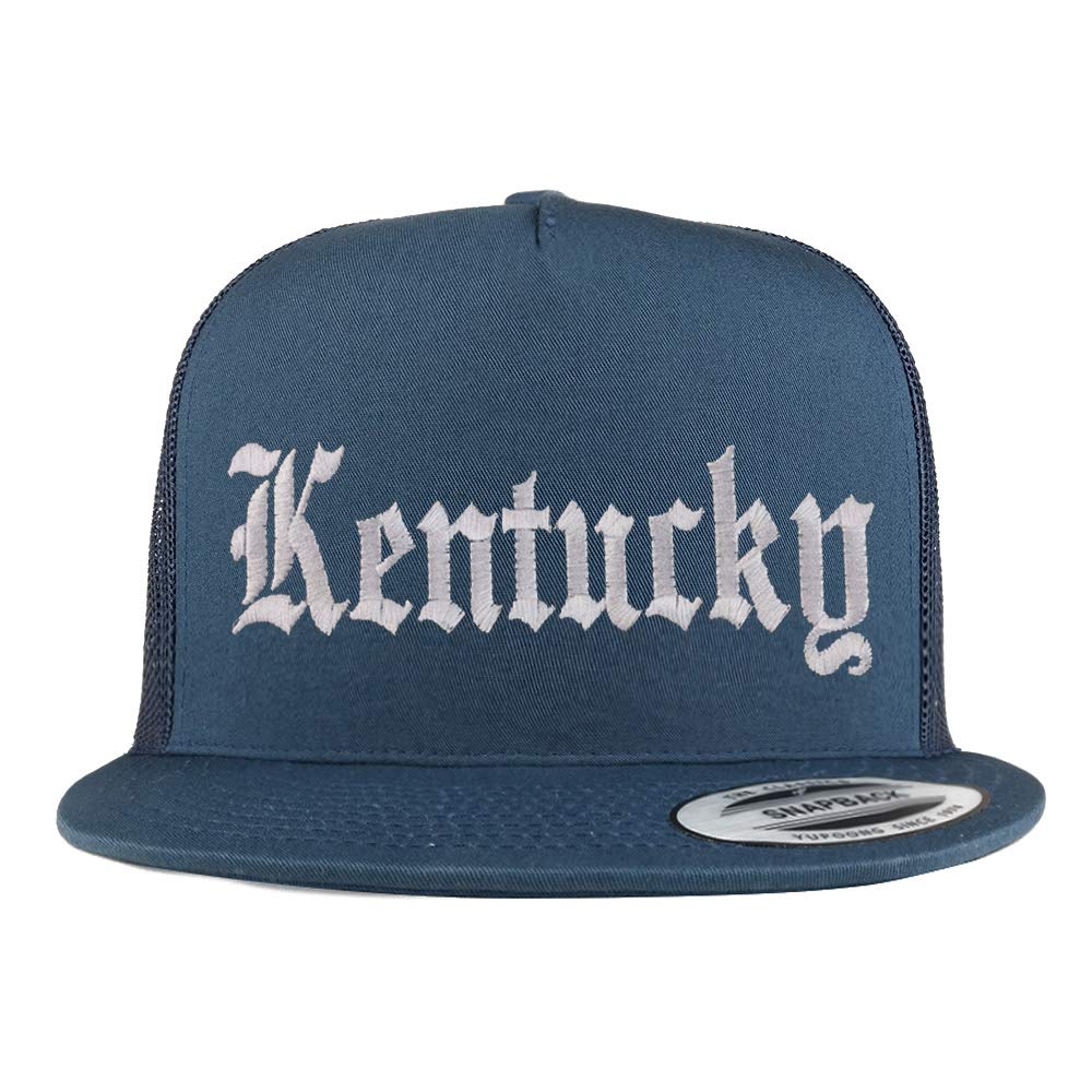 Trendy Apparel Shop Kenturky State Old English 5 Panel Flatbill Trucker Mesh Cap