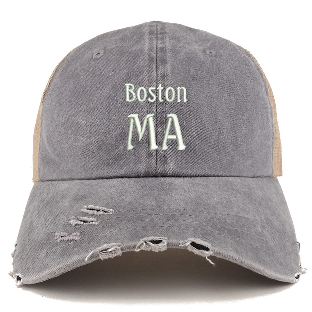 Trendy Apparel Shop Boston MA Embroidered Frayed Bill Trucker Mesh Back Cap