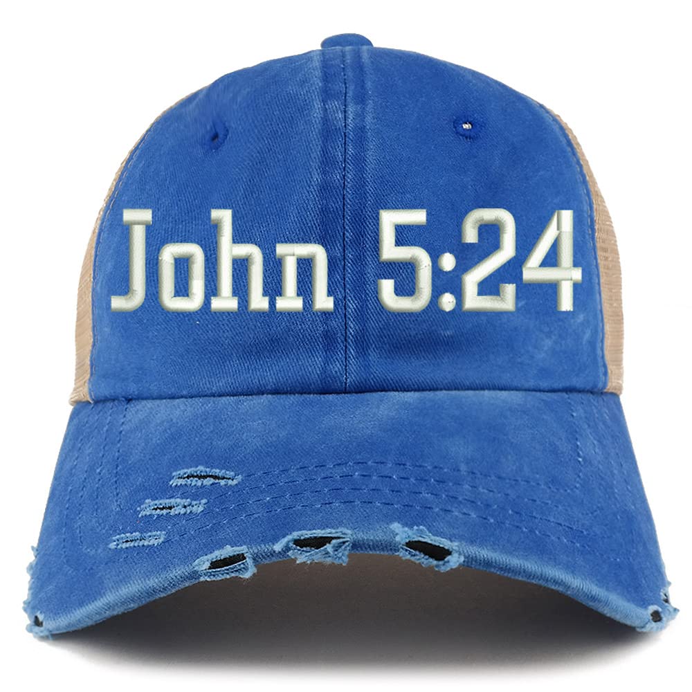 Trendy Apparel Shop John 5:24 Frayed Bill Trucker Mesh Back Cap