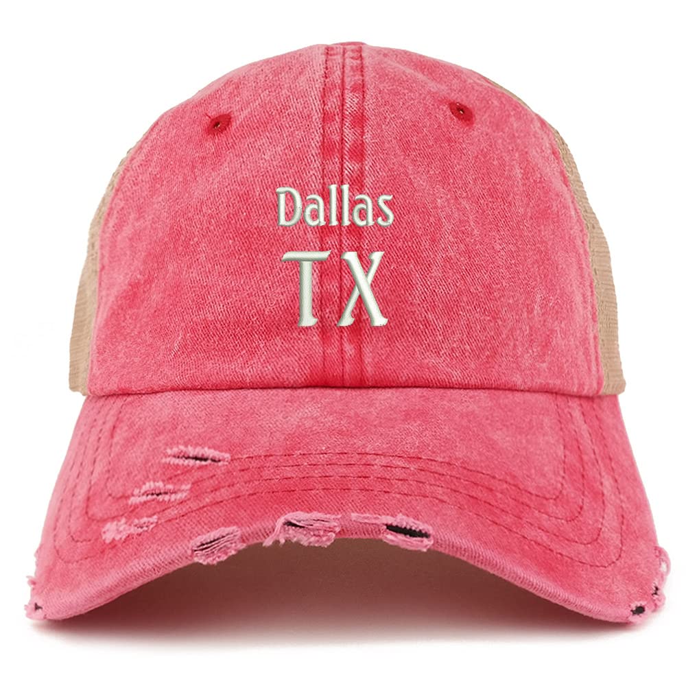 Trendy Apparel Shop Dallas TX Embroidered Frayed Bill Trucker Mesh Back Cap