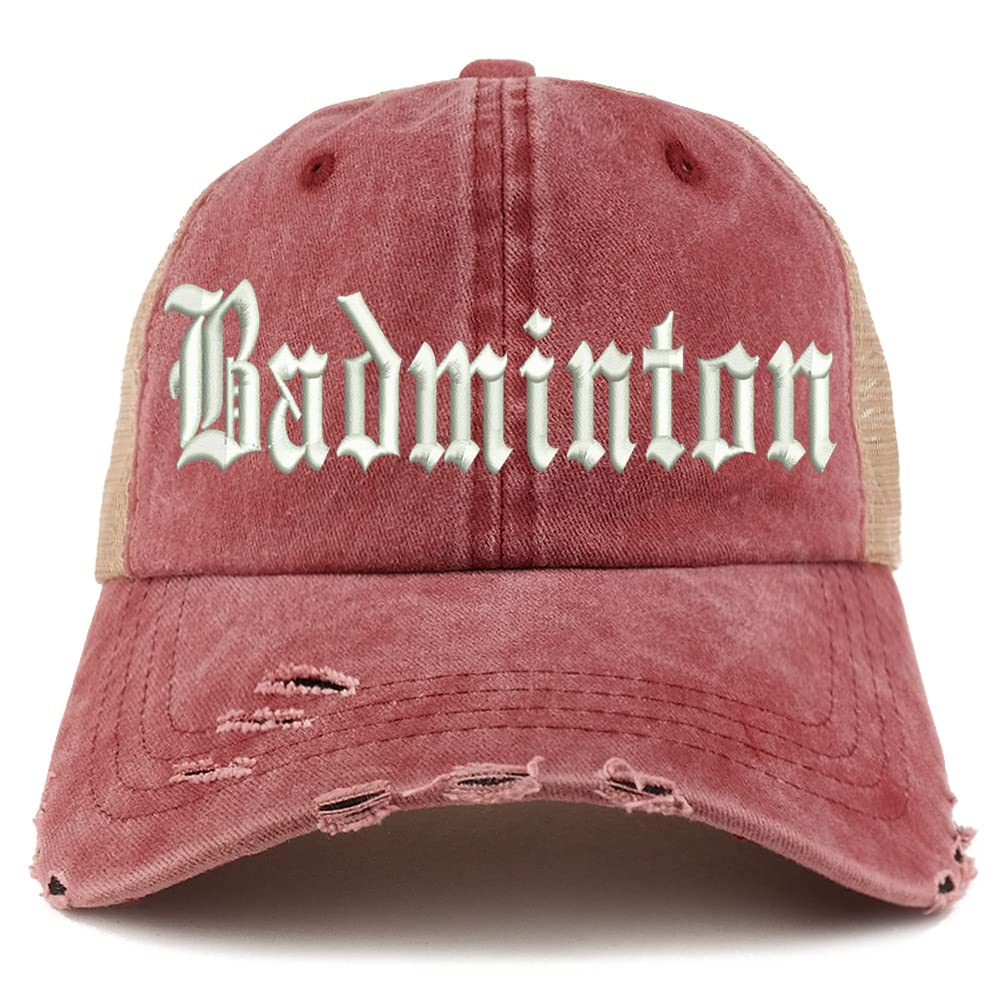 Trendy Apparel Shop Old English Badminton Frayed Bill Trucker Mesh Back Cap