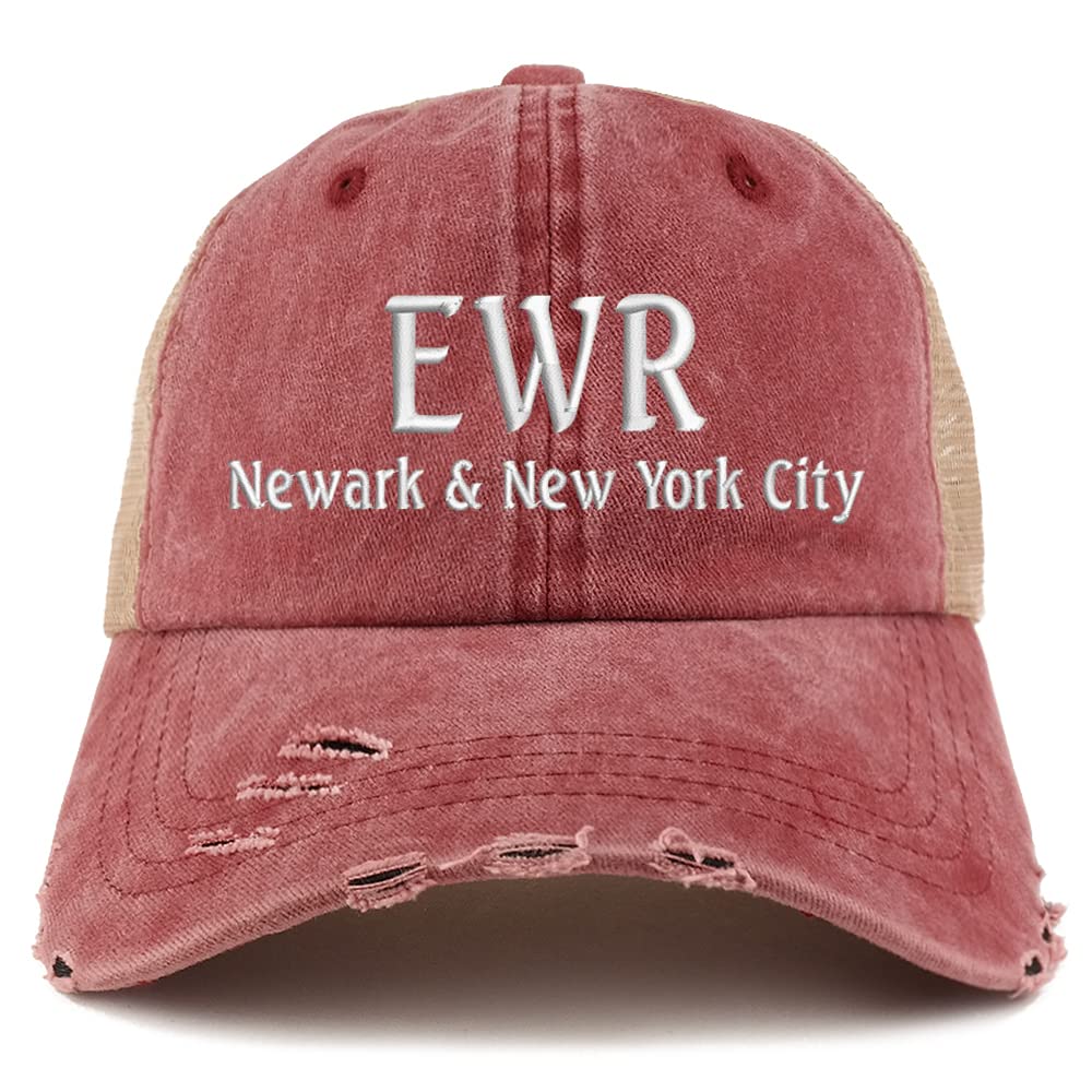 Trendy Apparel Shop EWR Newark and New York City Embroidered Frayed Bill Trucker Mesh Back Cap