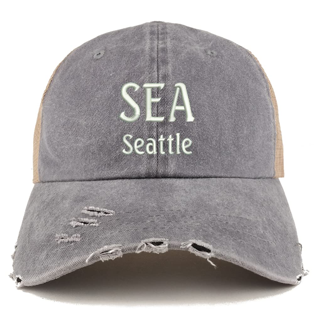 Trendy Apparel Shop SEA Seattle Embroidered Frayed Bill Trucker Mesh Back Cap