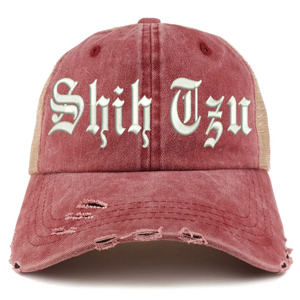 Trendy Apparel Shop Old English Shih Tzu Frayed Bill Trucker Mesh Back Cap