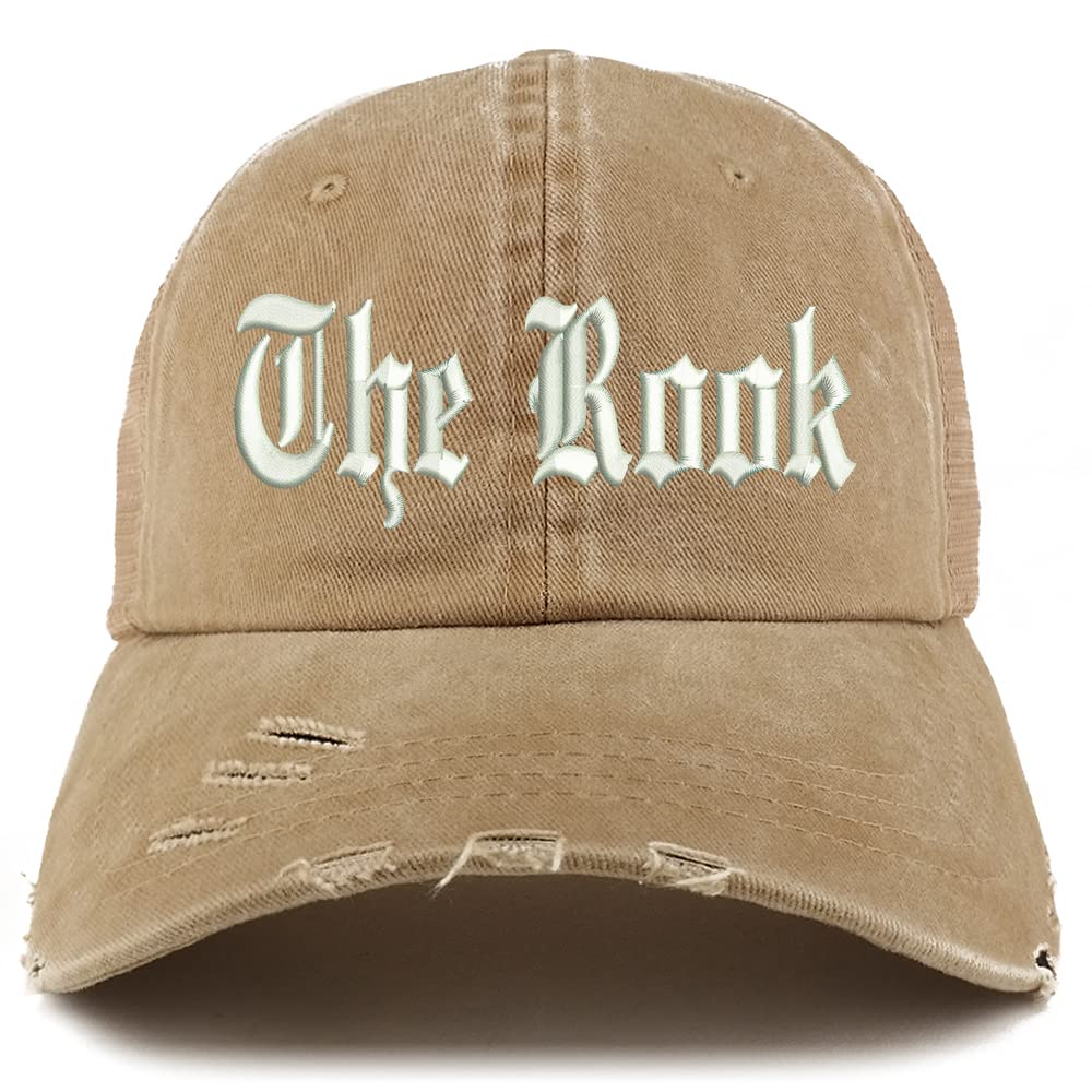 Trendy Apparel Shop The Rook Old English Embroidered Frayed Bill Trucker Mesh Back Cap