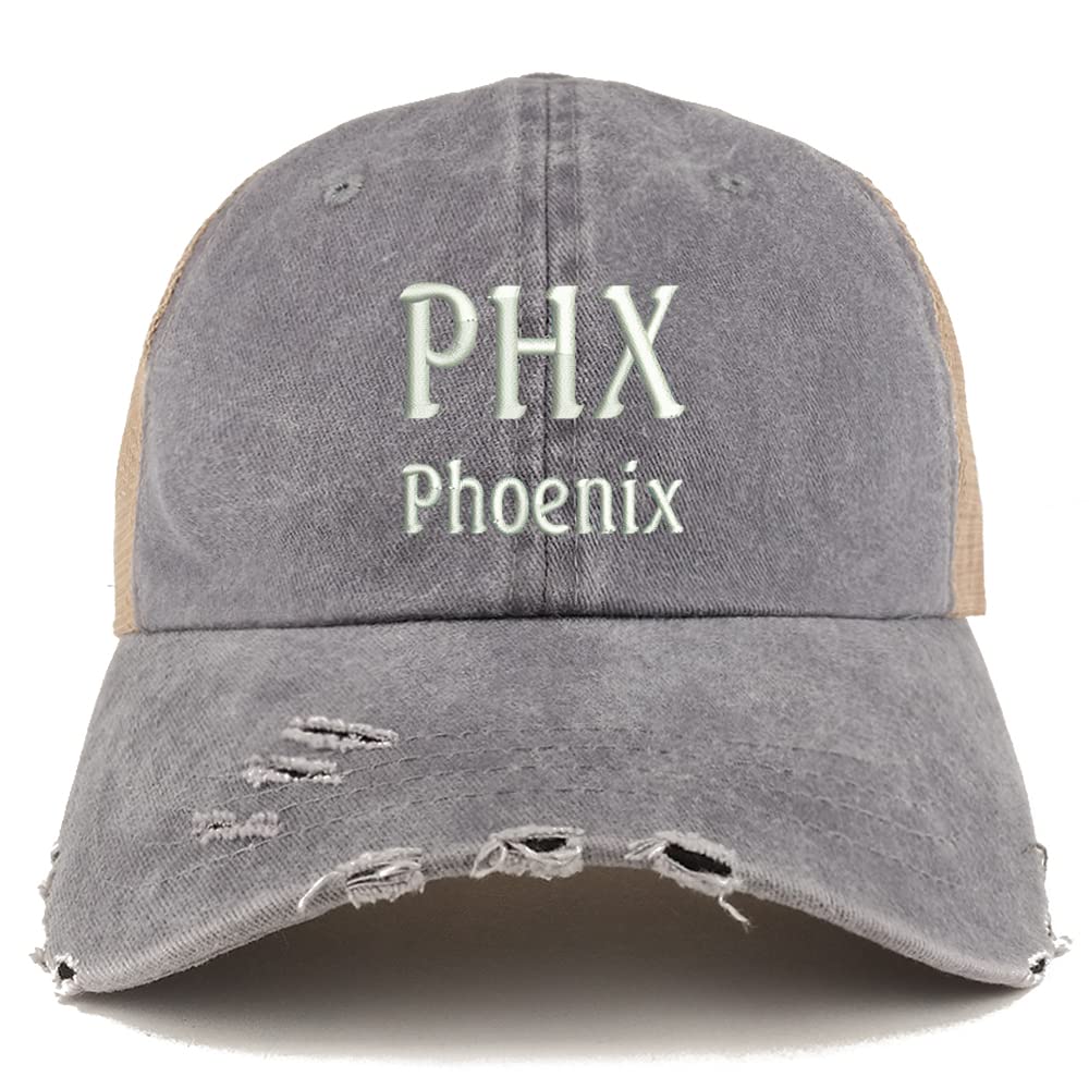 Trendy Apparel Shop PHX Pheonix Embroidered Frayed Bill Trucker Mesh Back Cap