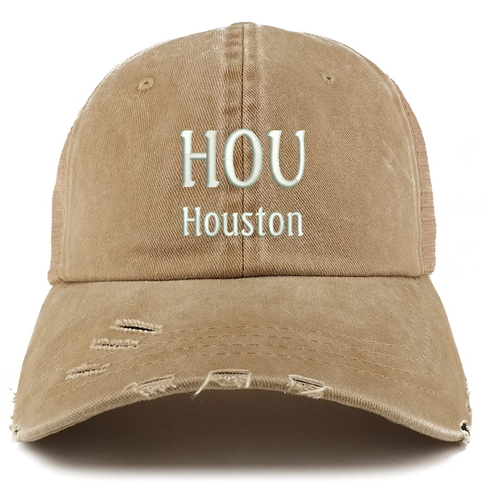 Trendy Apparel Shop HOU Houston Embroidered Frayed Bill Trucker Mesh Back Cap