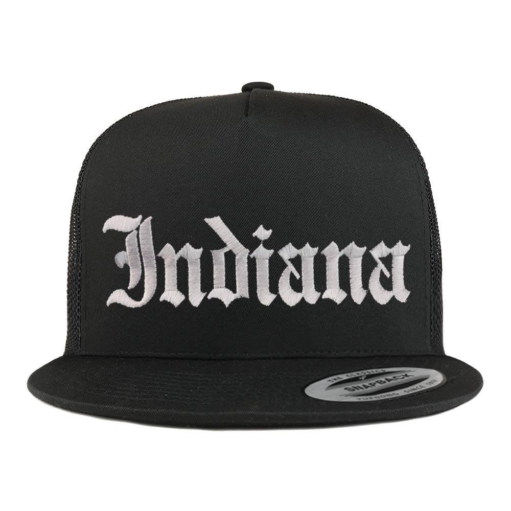 Trendy Apparel Shop Indiana State Old English 5 Panel Flatbill Trucker Mesh Cap