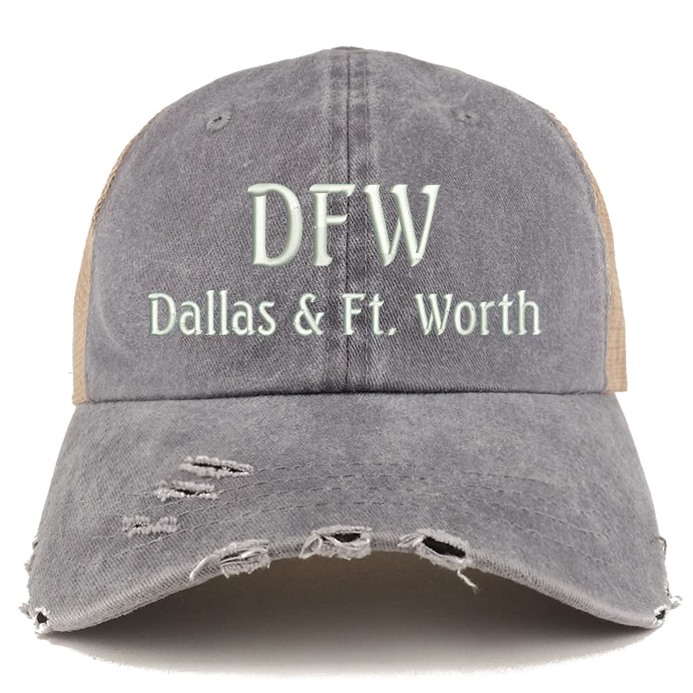 Trendy Apparel Shop DFW Dallas and Fort Worth Embroidered Frayed Bill Trucker Mesh Back Cap