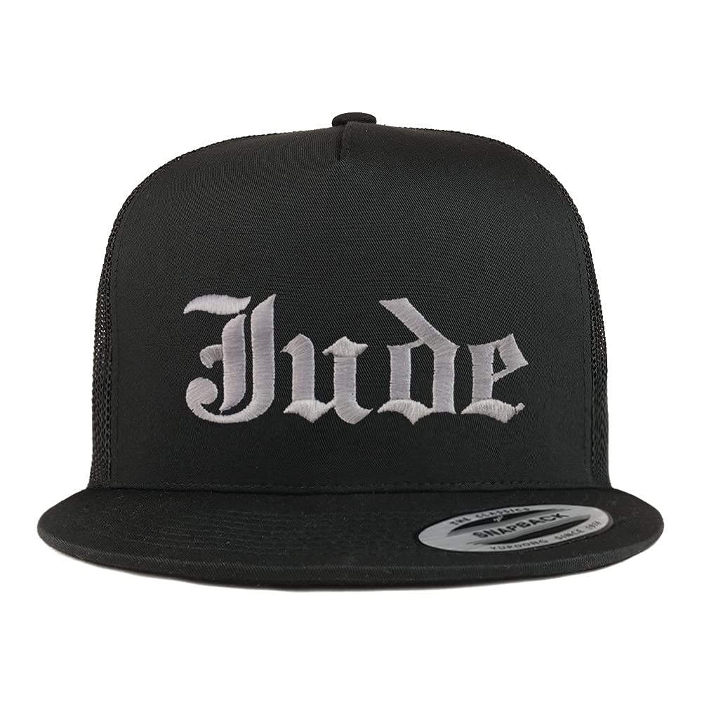Trendy Apparel Shop Jude Old English 5 Panel Flatbill Trucker Cap