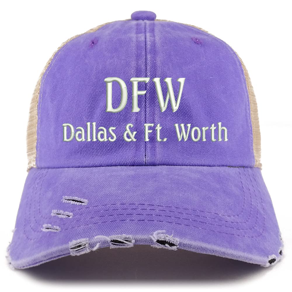 Trendy Apparel Shop DFW Dallas and Fort Worth Embroidered Frayed Bill Trucker Mesh Back Cap