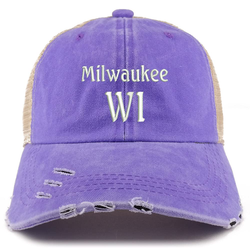 Trendy Apparel Shop Milwaukee WI Embroidered Frayed Bill Trucker Mesh Back Cap