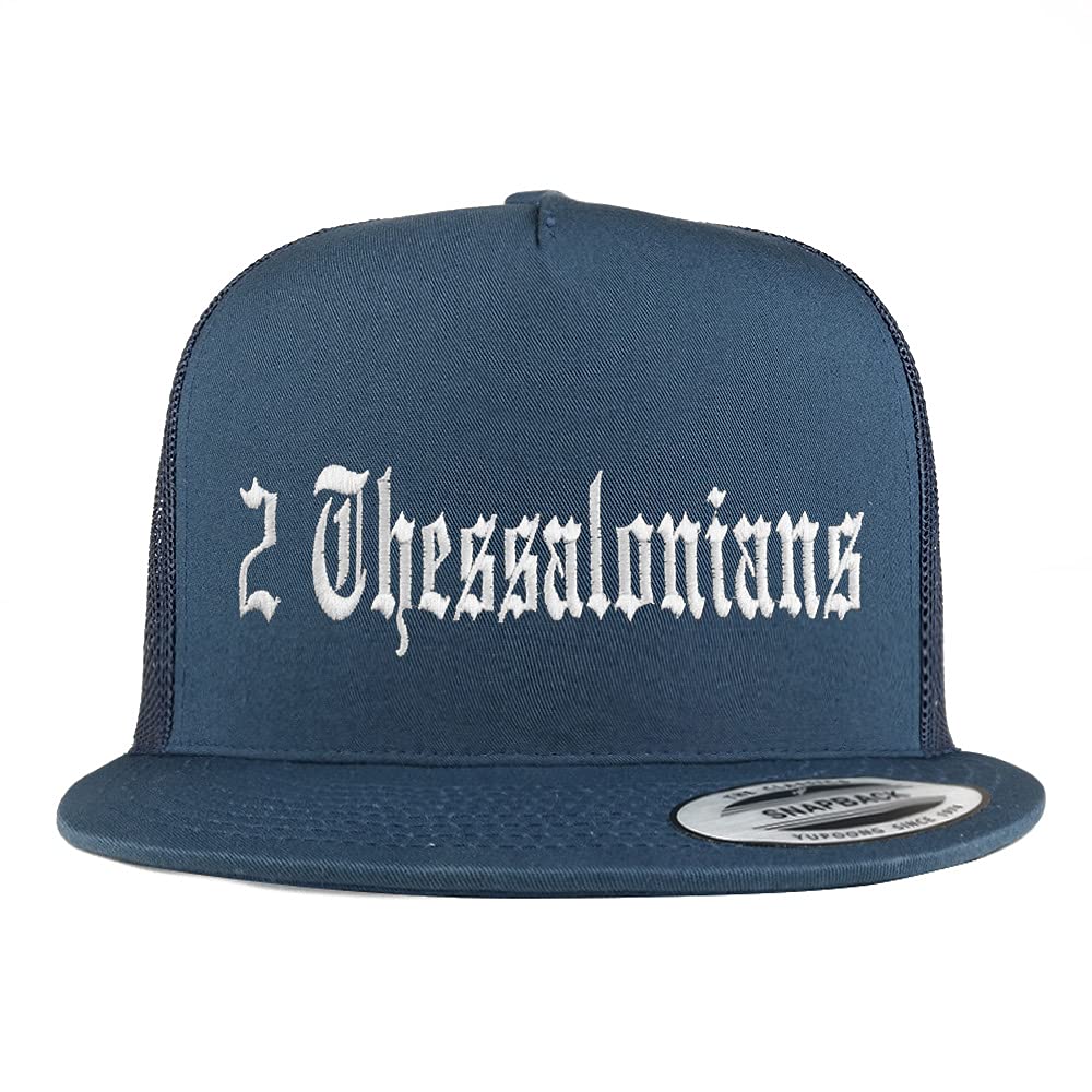 Trendy Apparel Shop 2 Thessalonians Old English 5 Panel Flatbill Trucker Cap
