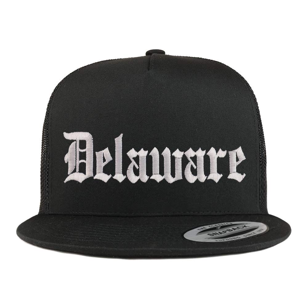 Trendy Apparel Shop Delaware State Old English 5 Panel Flatbill Trucker Mesh Cap