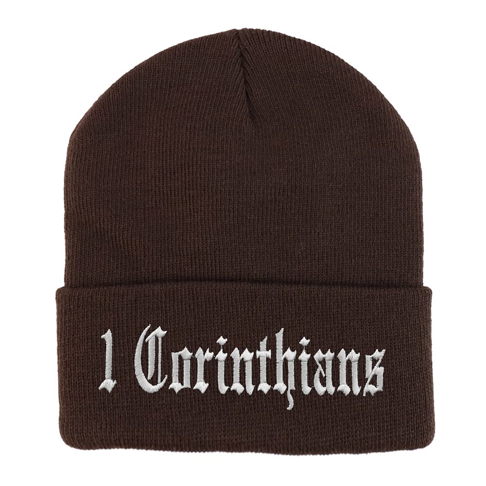 Trendy Apparel Shop 1 Corinthians Old English Embroidered Long Cuff Beanie