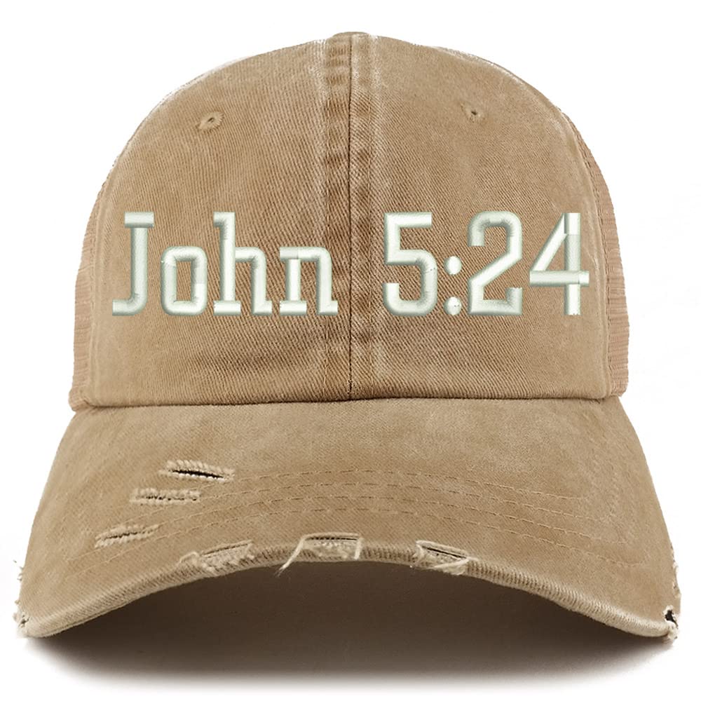 Trendy Apparel Shop John 5:24 Frayed Bill Trucker Mesh Back Cap