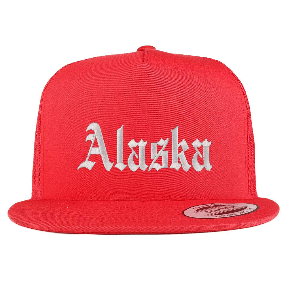 Trendy Apparel Shop Alaska State Old English 5 Panel Flatbill Trucker Mesh Cap