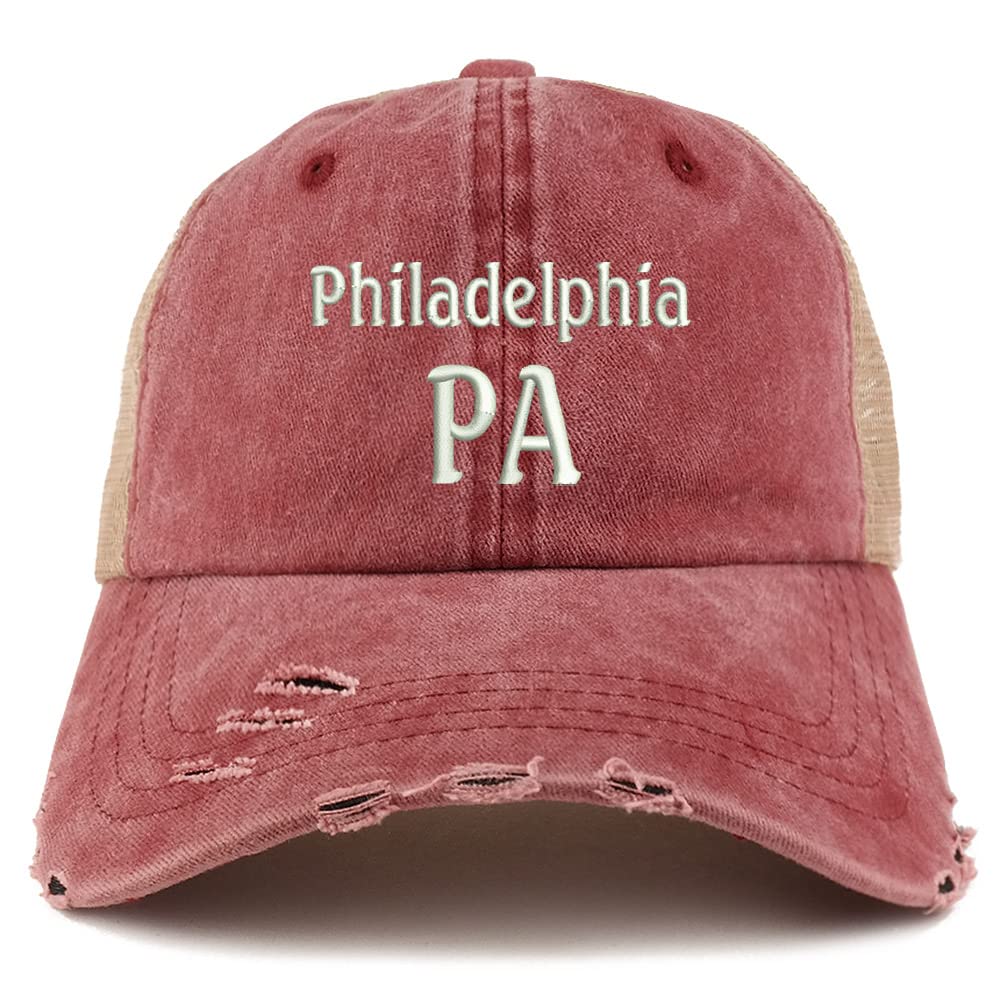 Trendy Apparel Shop Philadelphia PA Embroidered Frayed Bill Trucker Mesh Back Cap