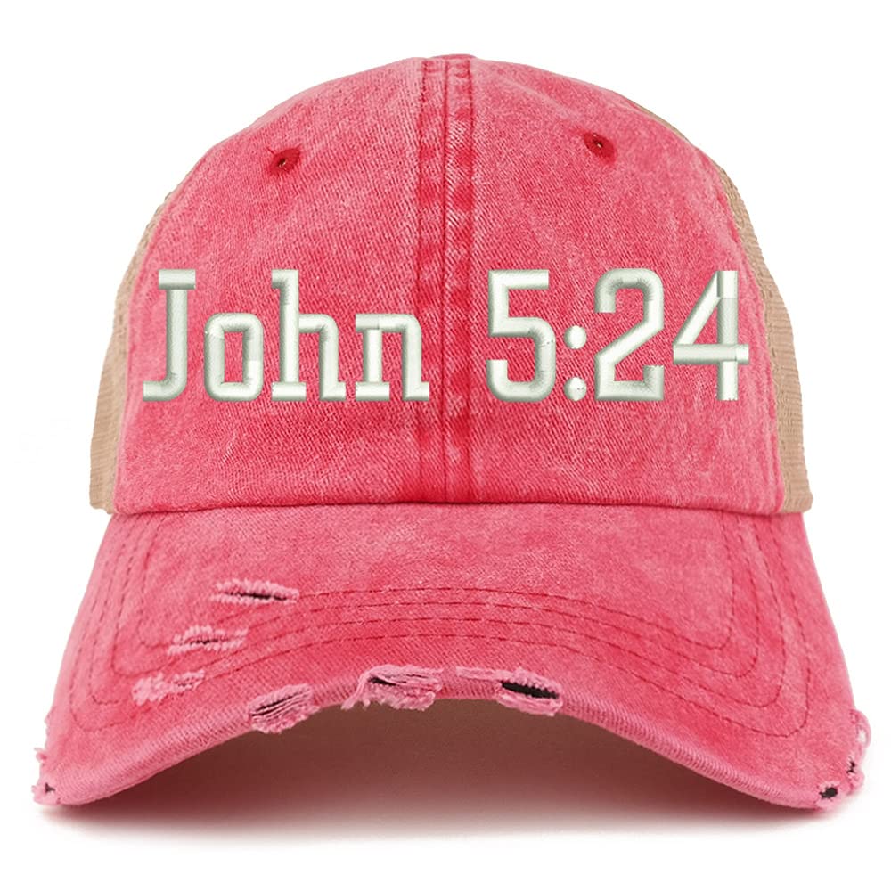Trendy Apparel Shop John 5:24 Frayed Bill Trucker Mesh Back Cap