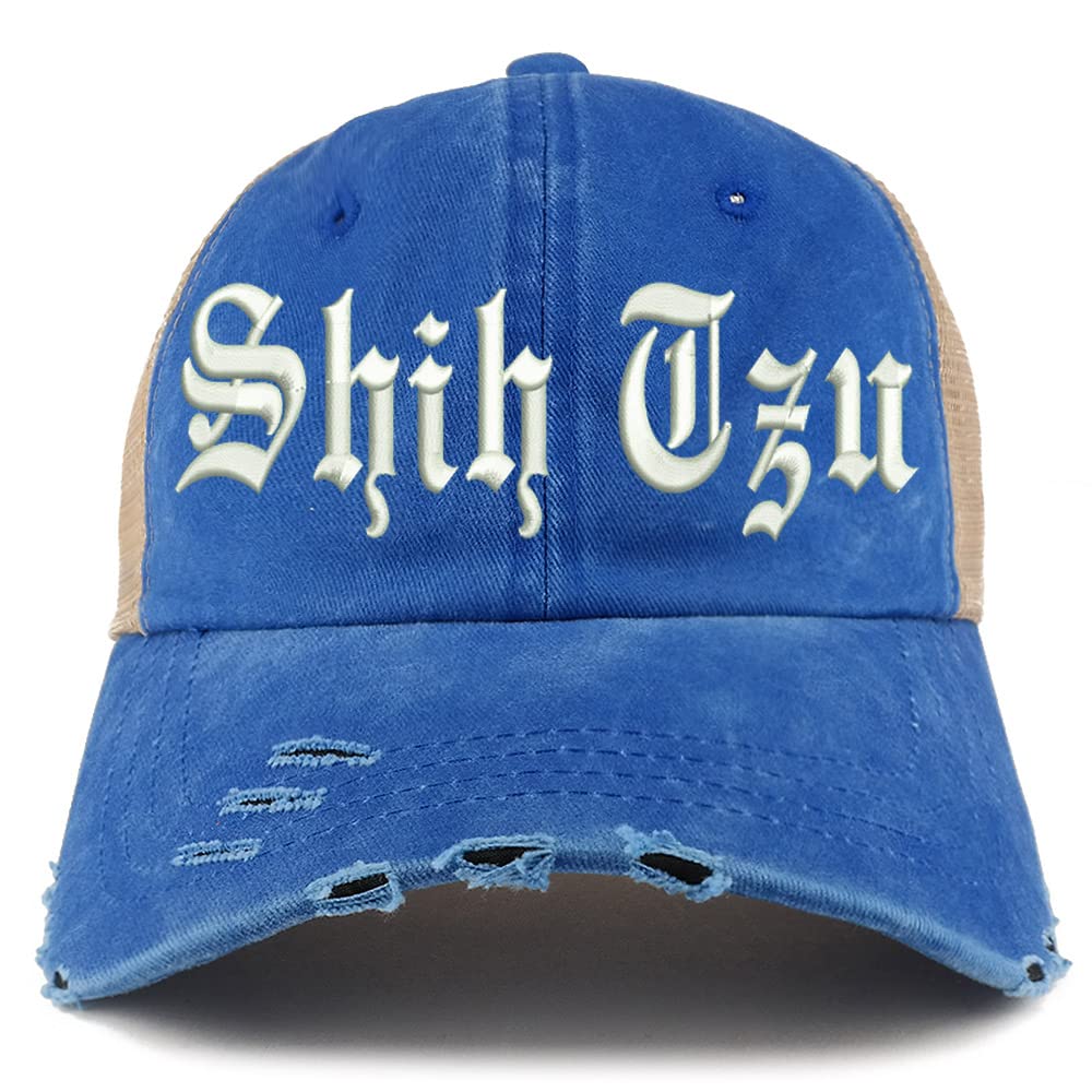 Trendy Apparel Shop Old English Shih Tzu Frayed Bill Trucker Mesh Back Cap