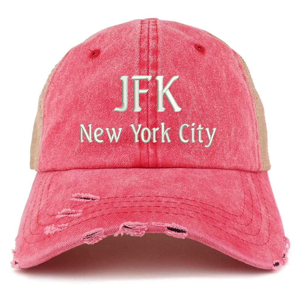 Trendy Apparel Shop JFK New York City Embroidered Frayed Bill Trucker Mesh Back Cap
